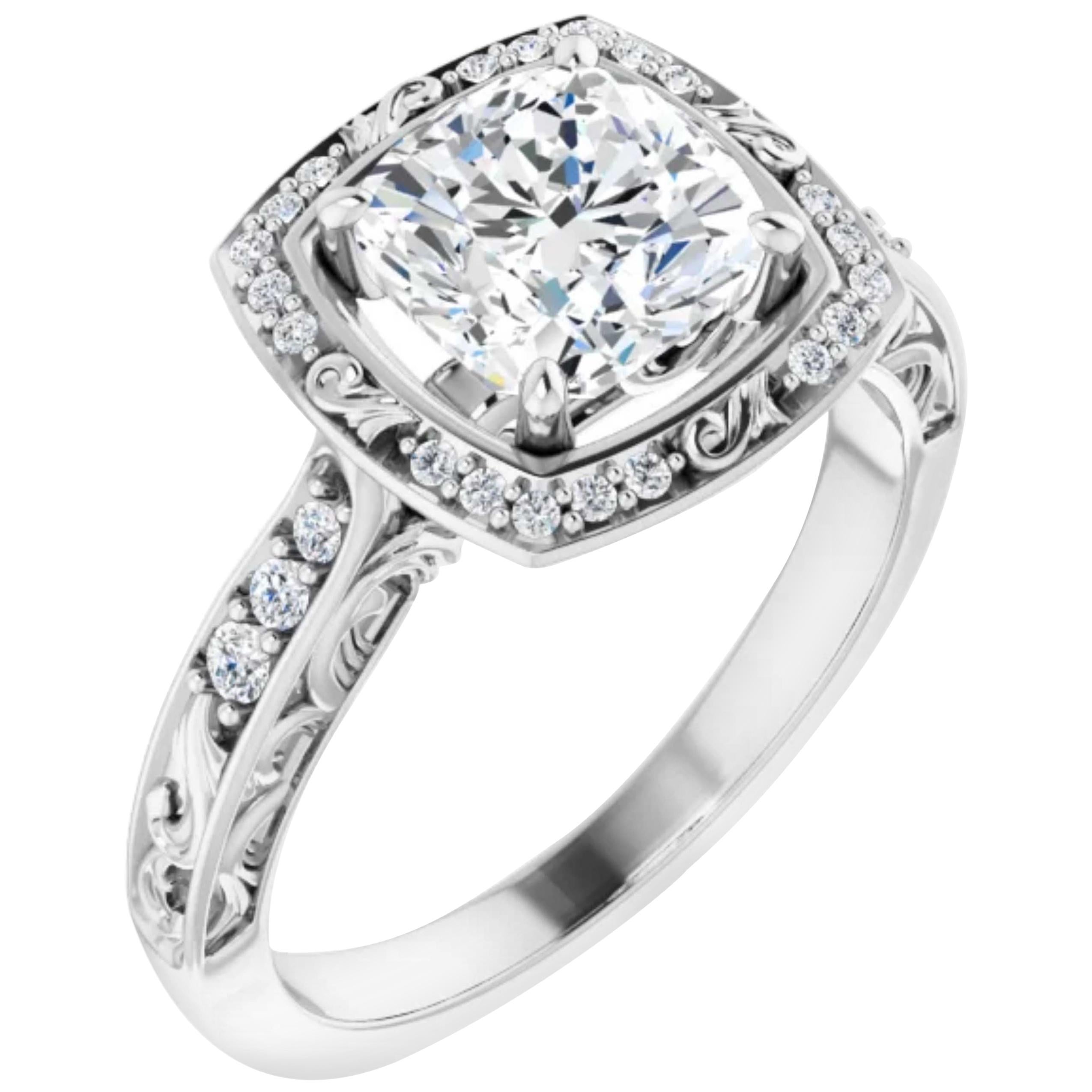 Vintage Art Deco Style Halo Cushion Diamond Engagement Ring For Sale