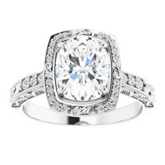 Vintage Art Deco Style Halo Oval White Diamond Engagement Ring