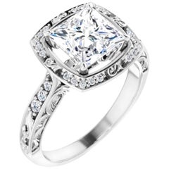 Vintage Art Deco Style Halo Princess Diamond Engagement Ring in White Gold