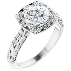 Vintage Art Deco Style Halo Round Diamond Engagement Ring in White Gold