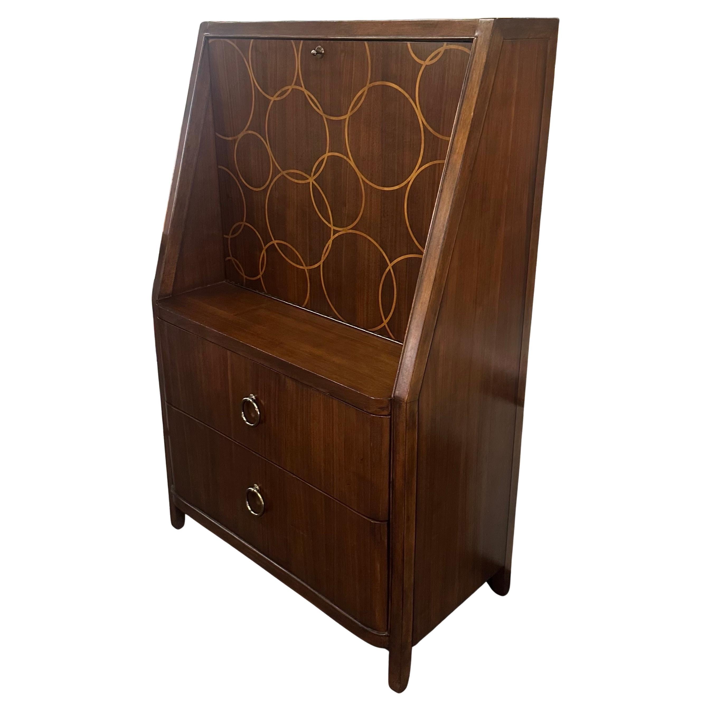 Glass Vintage Art Deco Style Inlaid Drop Front Bar Cabinet by Drexel Heritage For Sale