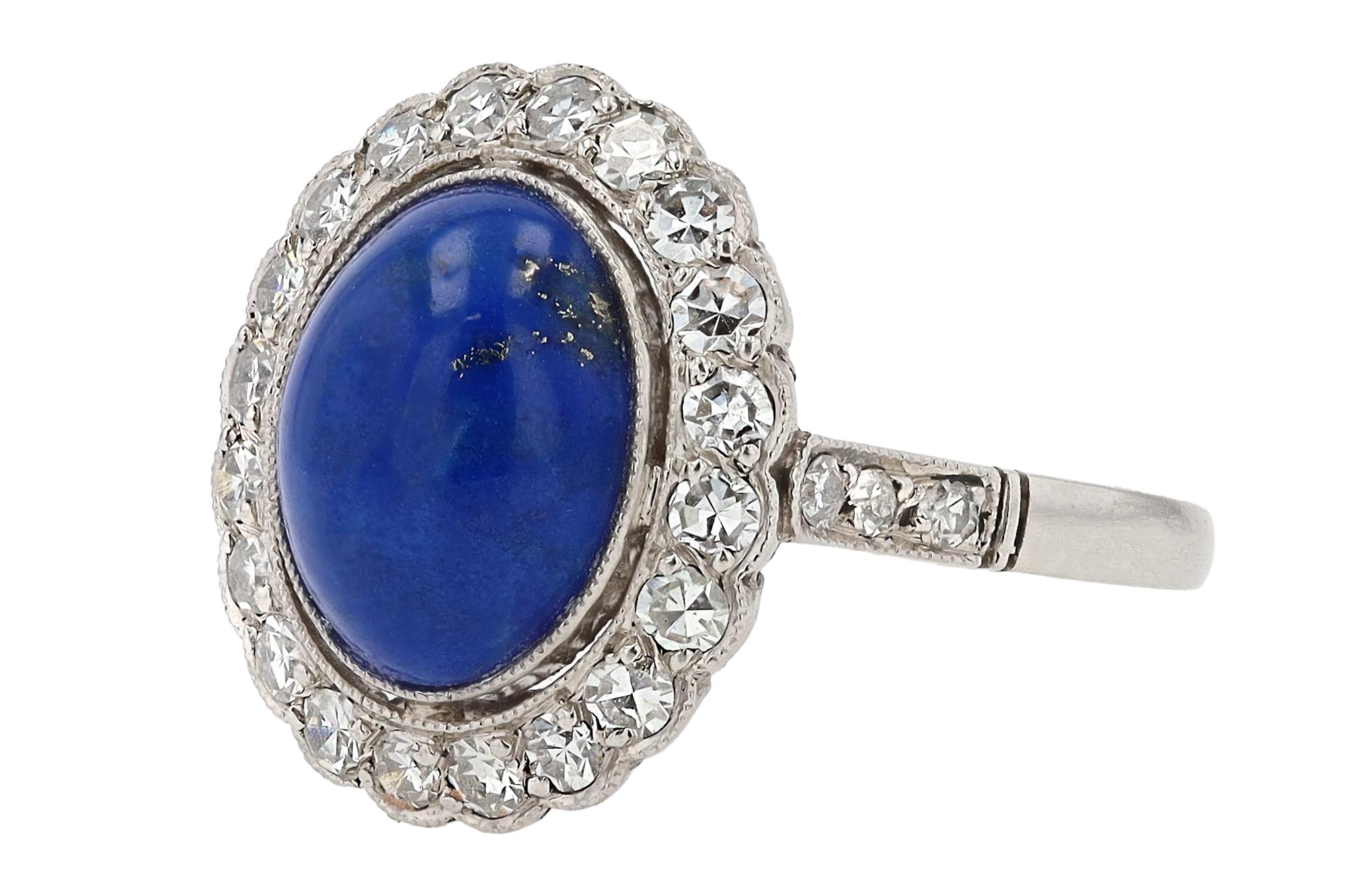 Cabochon Vintage Art Deco Style Lapis Lazuli Diamond Platinum Gemstone Engagement Ring For Sale