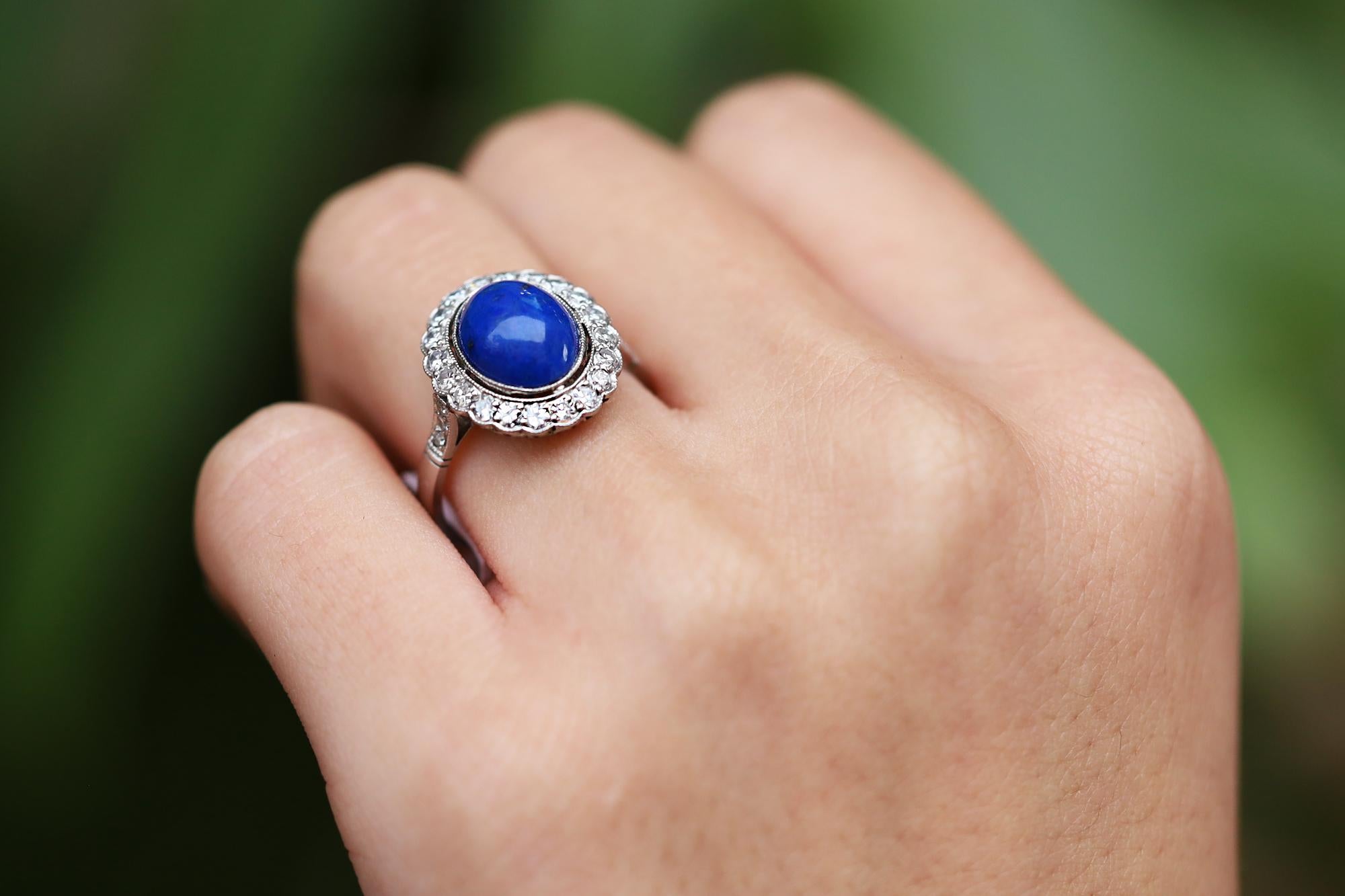 Vintage Art Deco Style Lapis Lazuli Diamond Platinum Gemstone Engagement Ring In Excellent Condition For Sale In Santa Barbara, CA