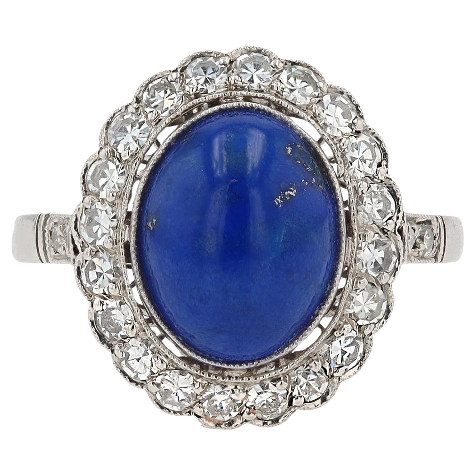 Bague de fiançailles vintage de style Art déco en platine, lapis-lazuli, diamants et pierres précieuses