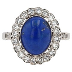 Retro Art Deco Style Lapis Lazuli Diamond Platinum Gemstone Engagement Ring