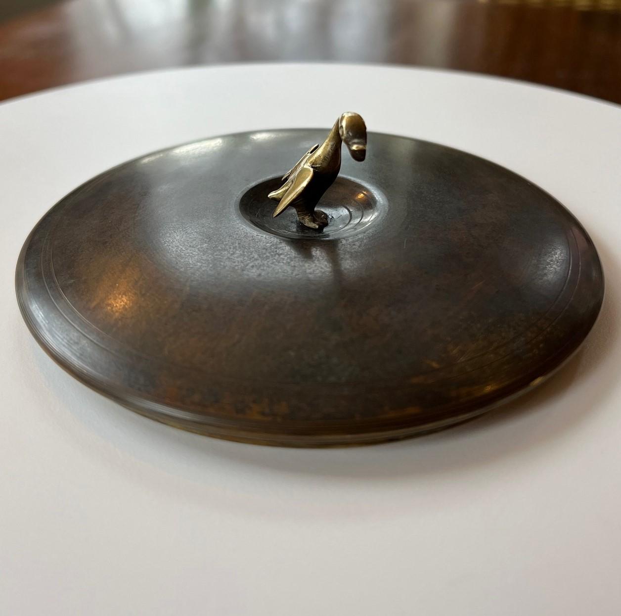Etched Vintage Art Deco Style Lidded Verdigris Bronze Bowl - Style of Carl Sorensen For Sale
