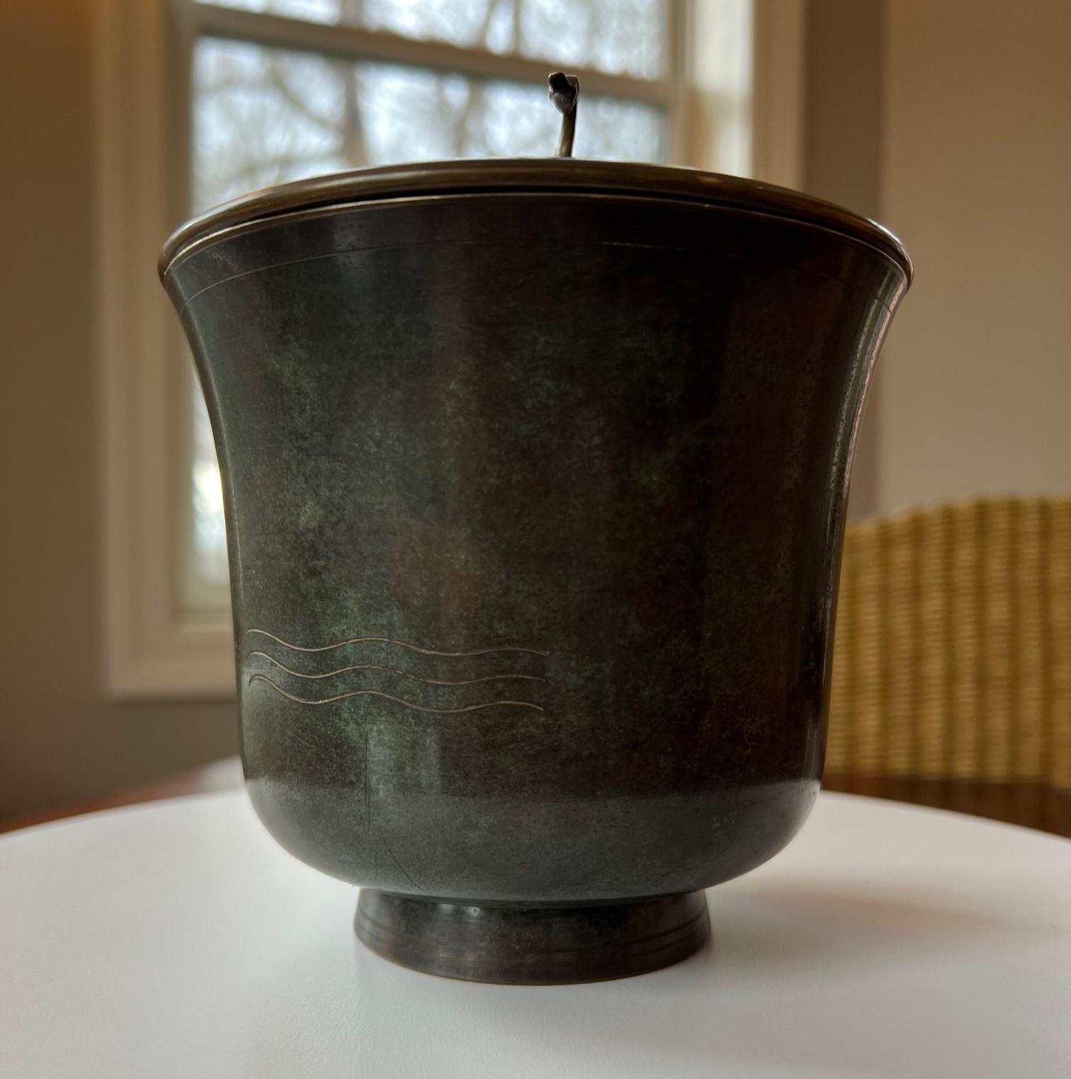 Vintage Art Deco Style Lidded Verdigris Bronze Bowl - Style of Carl Sorensen For Sale 2