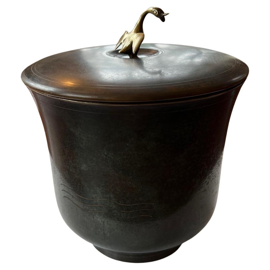 Vintage Art Deco Style Lidded Verdigris Bronze Bowl - Style of Carl Sorensen For Sale