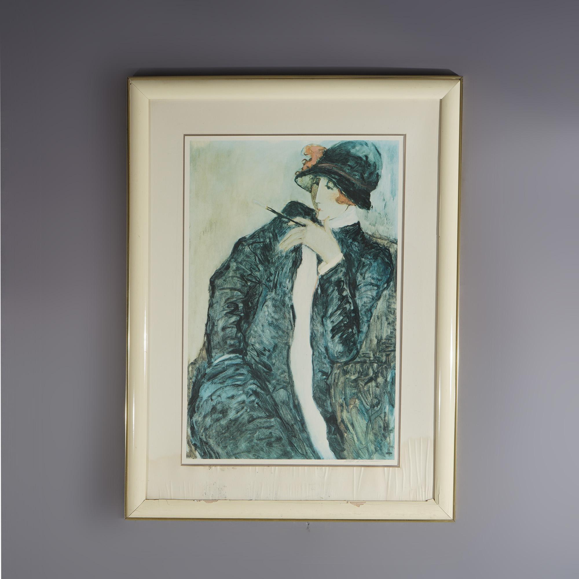A vintage Art Deco style lithograph depicts a woman in a hat, signed Barbara Wood, 20th C

Measures - 41.5