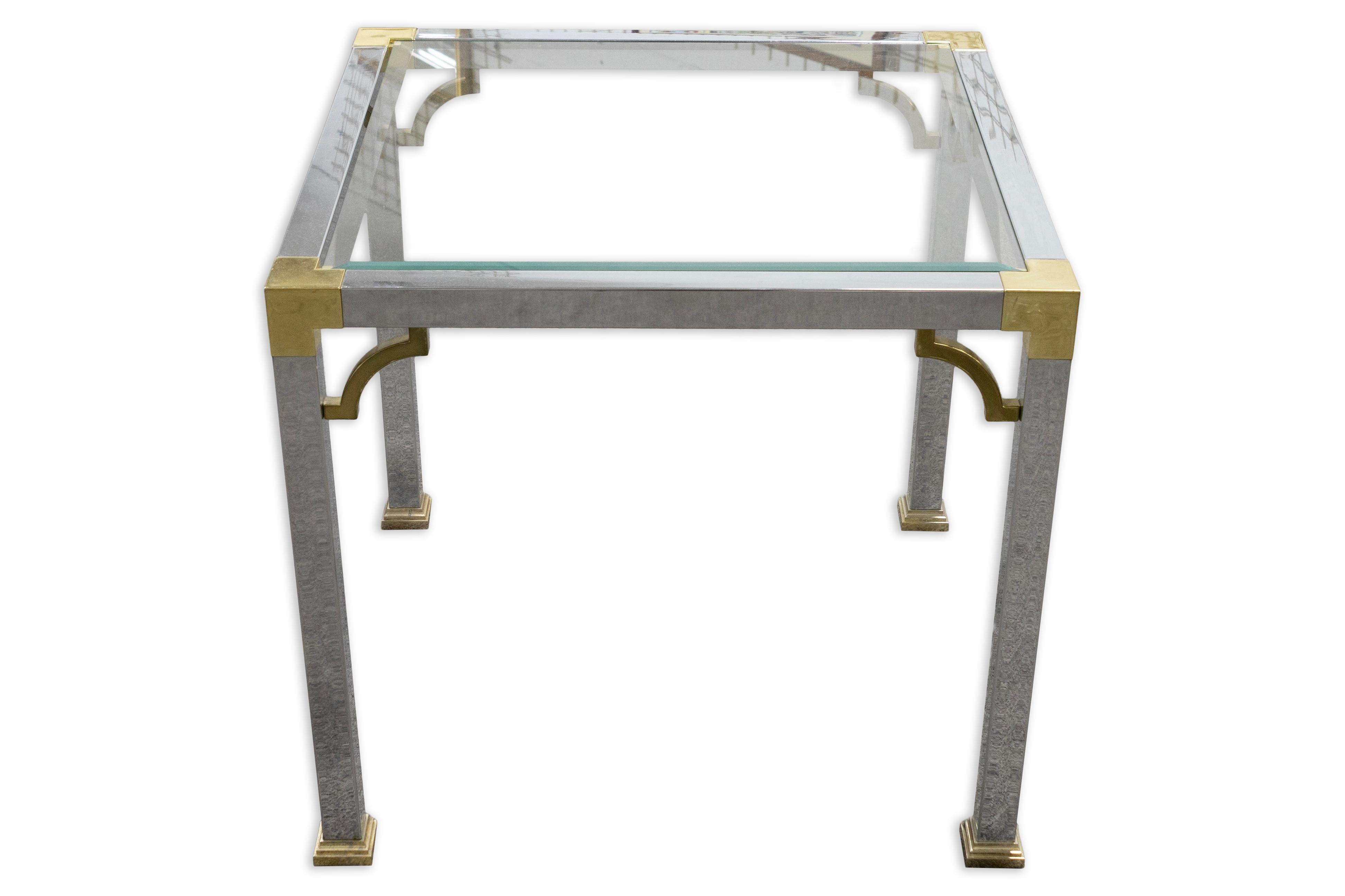 Mid-Century Modern Vintage Art Deco Style Maison Jansen Chrome Brass Glass Square Coffee Side Table For Sale