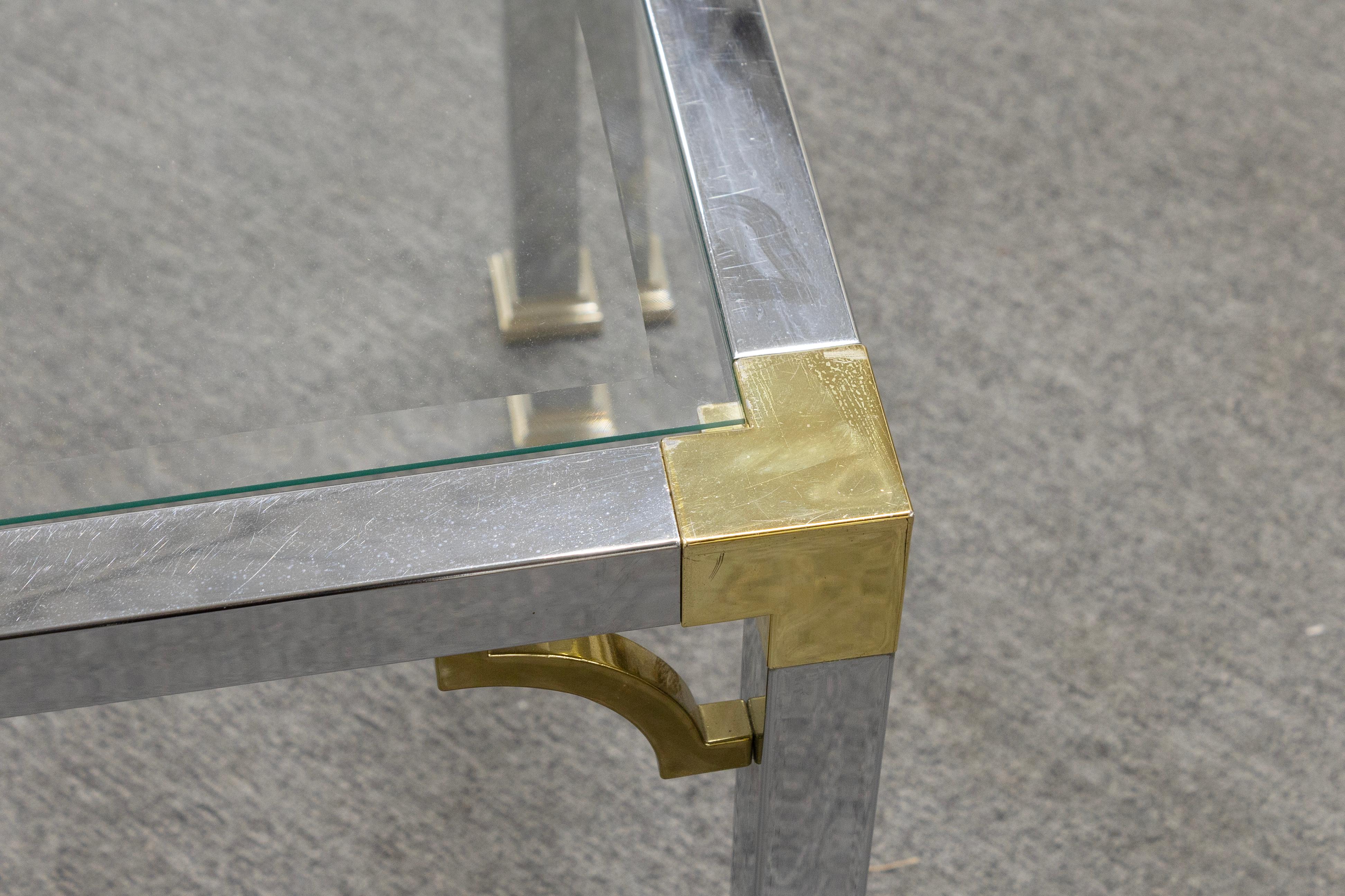 French Vintage Art Deco Style Maison Jansen Chrome Brass Glass Square Coffee Side Table For Sale