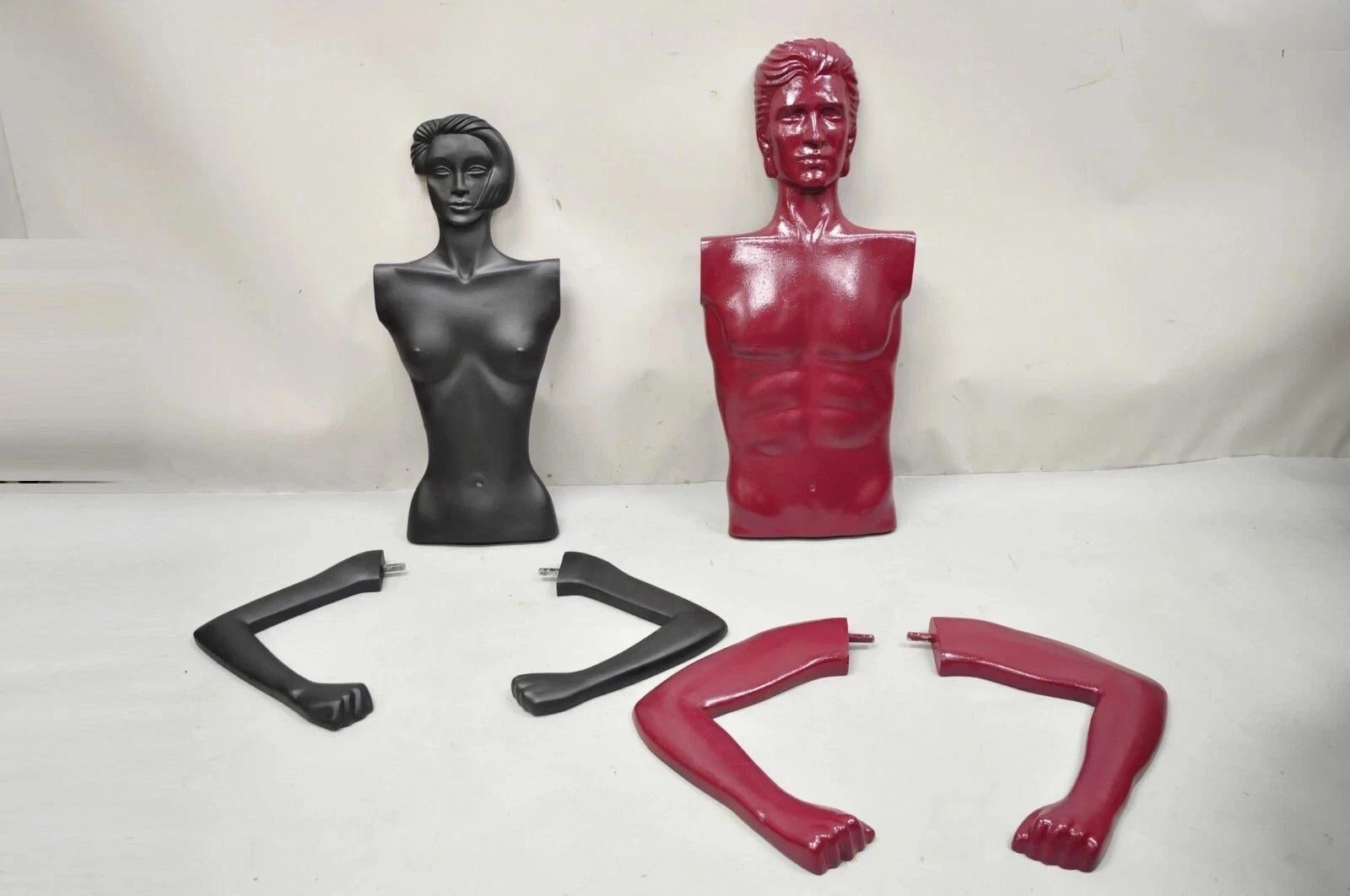 Manichini d'arte d'epoca in stile Art Deco, coppia maschile e femminile, torso rosso e nero in vendita 3
