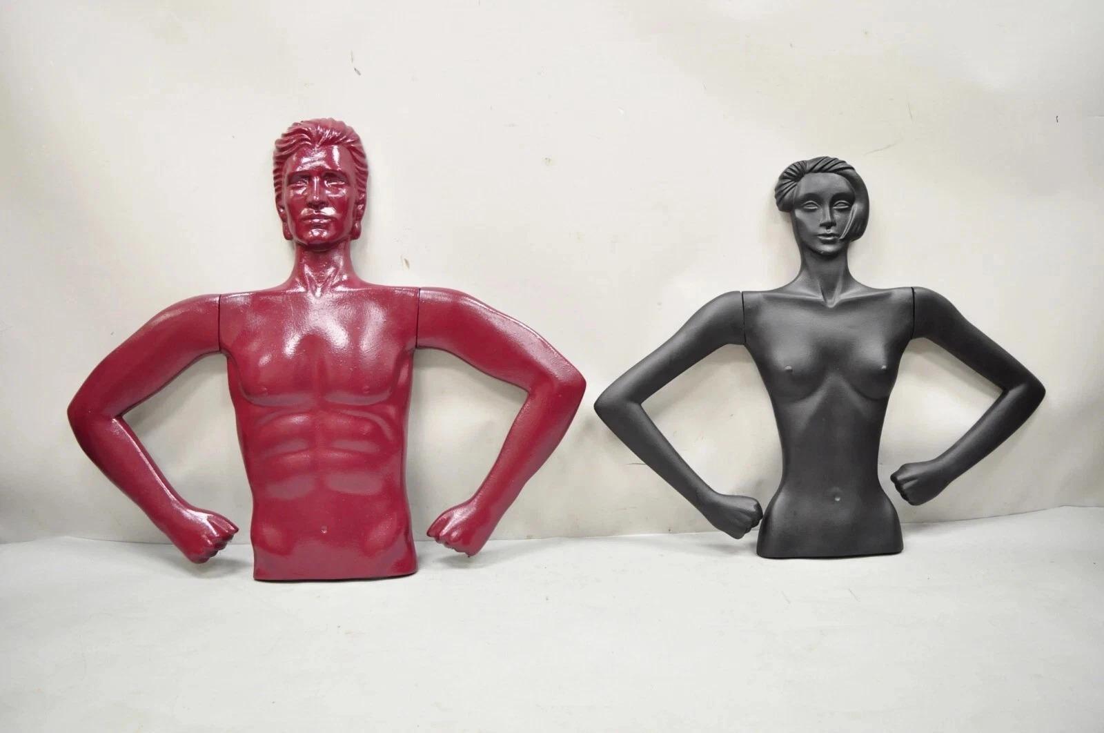 Manichini d'arte d'epoca in stile Art Deco, coppia maschile e femminile, torso rosso e nero in vendita 5
