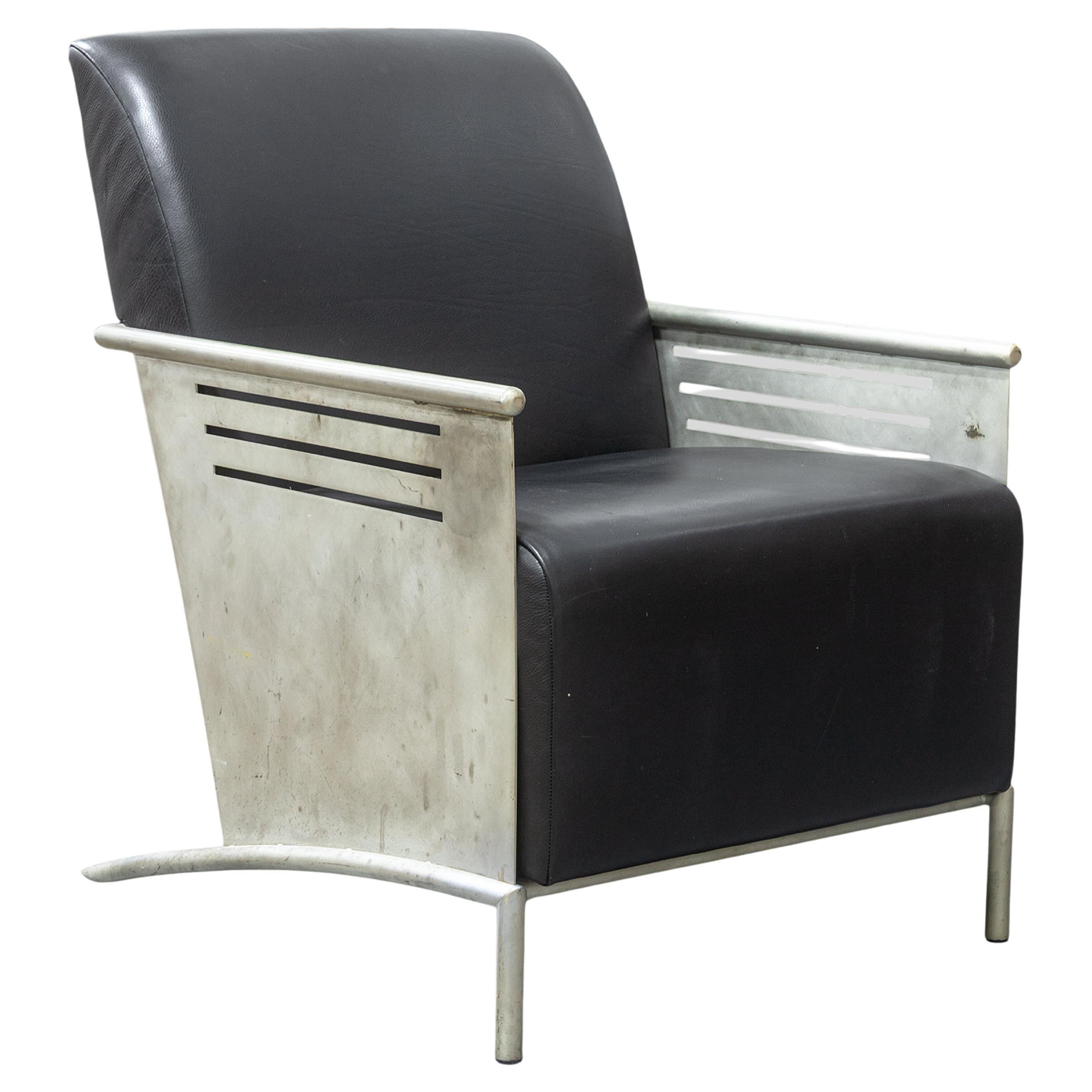 Vintage Art Deco Style Metal Framed Black Leather Accent Lounge Chair