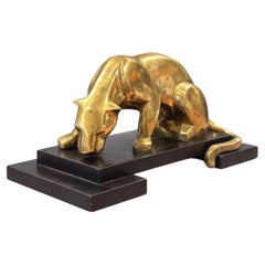 Vintage Art Deco–Style Panther Sculpture on a Stepped Wooden Base