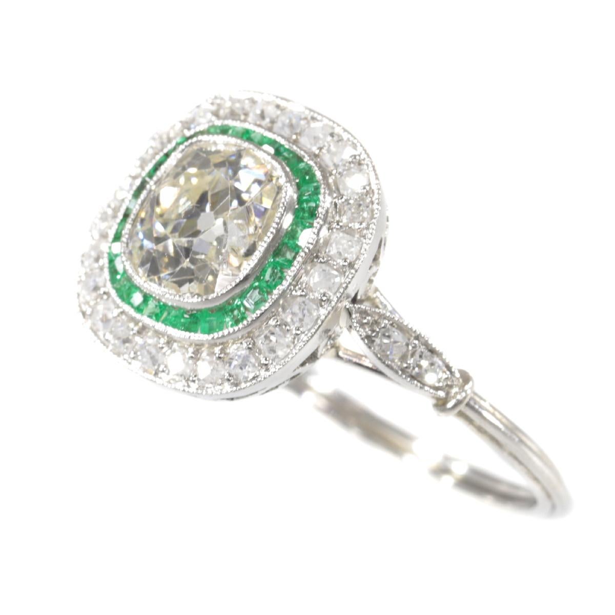 Women's Vintage Art Deco Style Platinum Diamond and Emerald Engagement Ring, 1930s For Sale