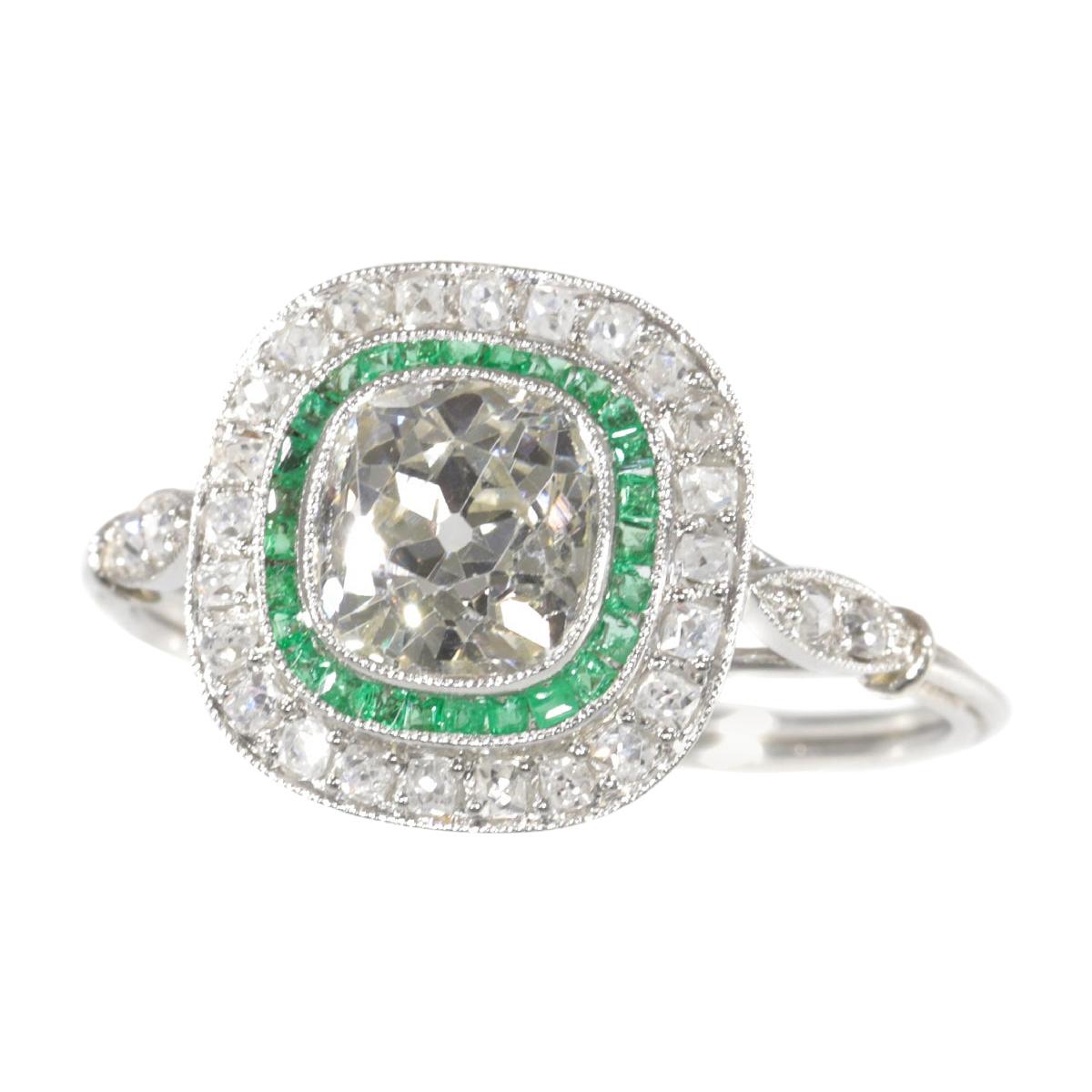 Vintage Art Deco Style Platinum Diamond and Emerald Engagement Ring, 1930s For Sale