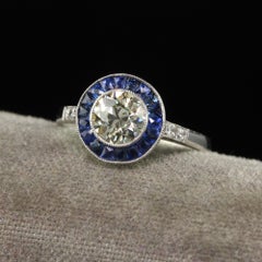 Vintage Art Deco Style Platinum Old Euro Diamond and Sapphire Engagement Ring