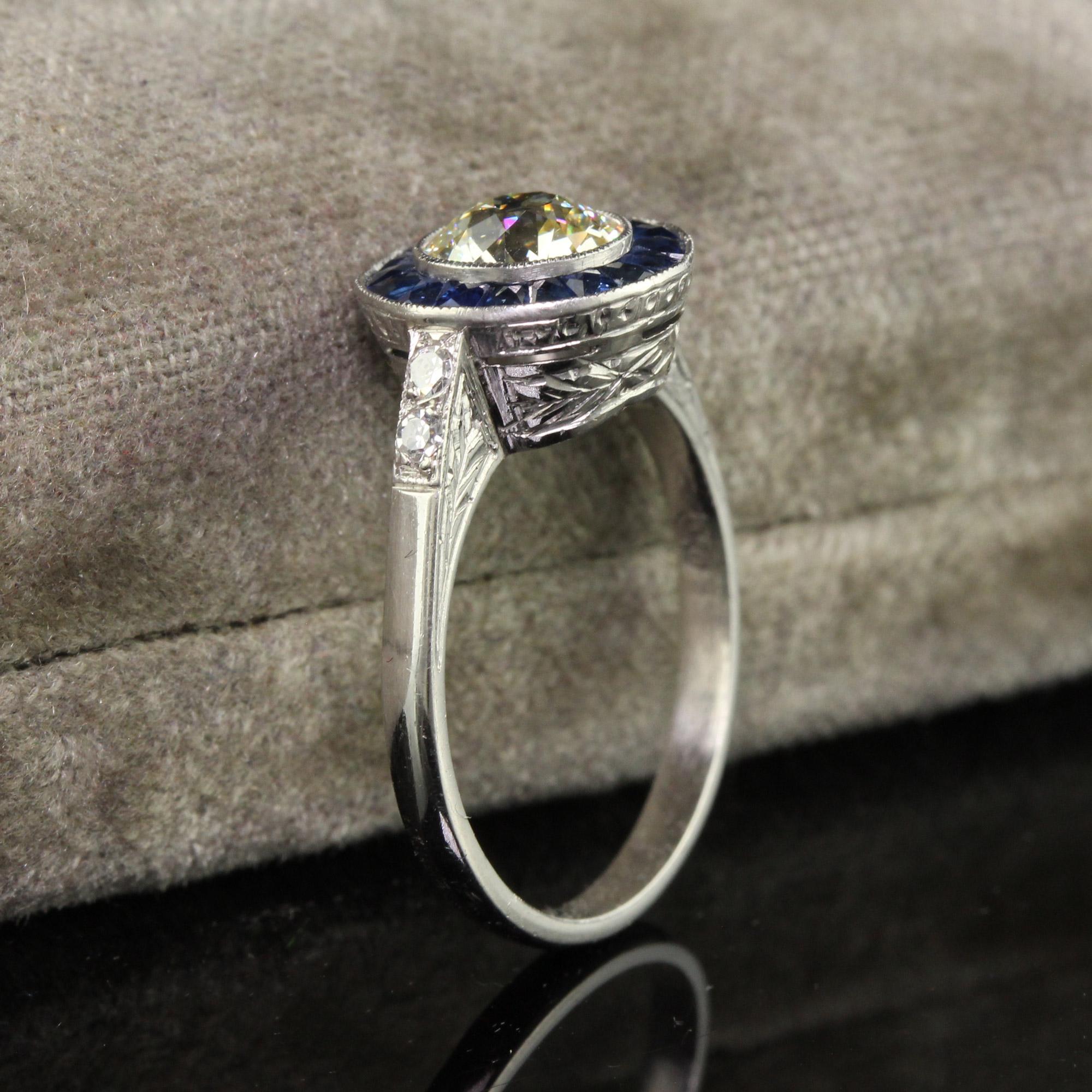 Retro Vintage Art Deco Style Platinum Old Euro Diamond and Sapphire Engagement Ring