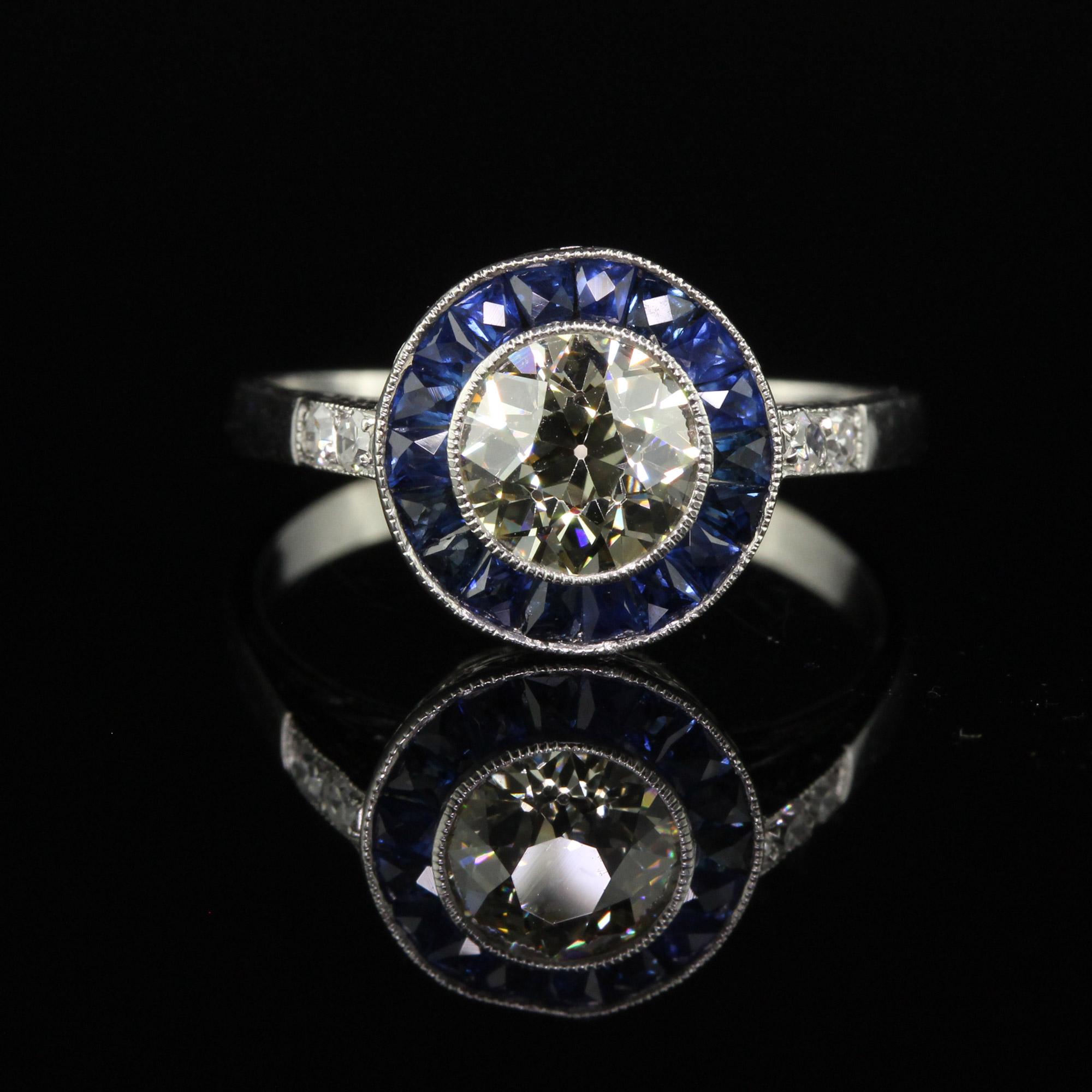Vintage Art Deco Style Platinum Old Euro Diamond and Sapphire Engagement Ring In Good Condition For Sale In Great Neck, NY