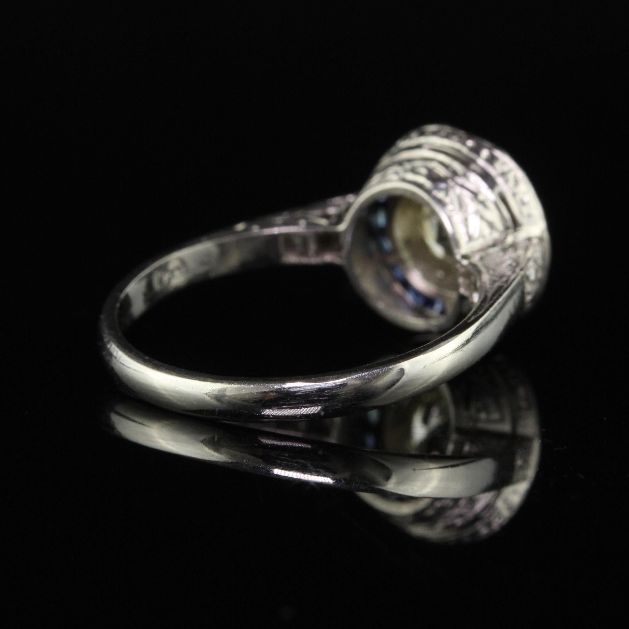 Women's Vintage Art Deco Style Platinum Old Euro Diamond and Sapphire Engagement Ring For Sale