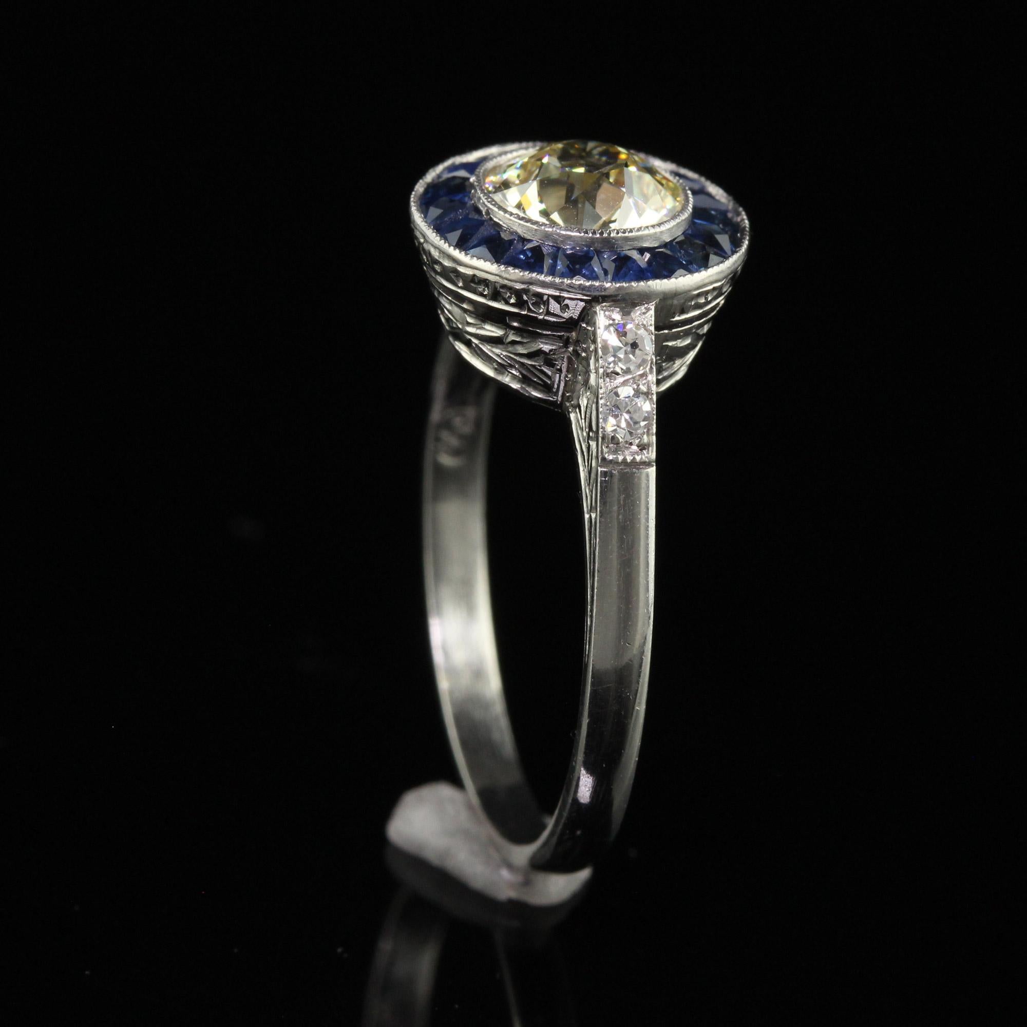Vintage Art Deco Style Platinum Old Euro Diamond and Sapphire Engagement Ring For Sale 1