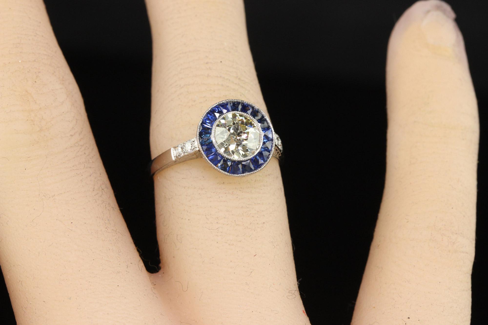 Vintage Art Deco Style Platinum Old Euro Diamond and Sapphire Engagement Ring For Sale 2