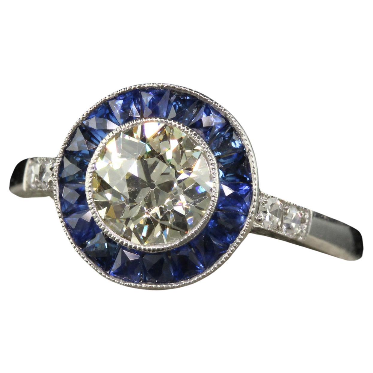 Vintage Art Deco Style Platinum Old Euro Diamond and Sapphire Engagement Ring For Sale