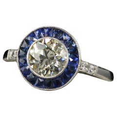 Retro Art Deco Style Platinum Old Euro Diamond and Sapphire Engagement Ring