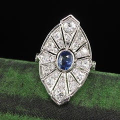Platin-Cocktailring im Art-déco-Stil mit Diamant und Saphir im alten Minenschliff