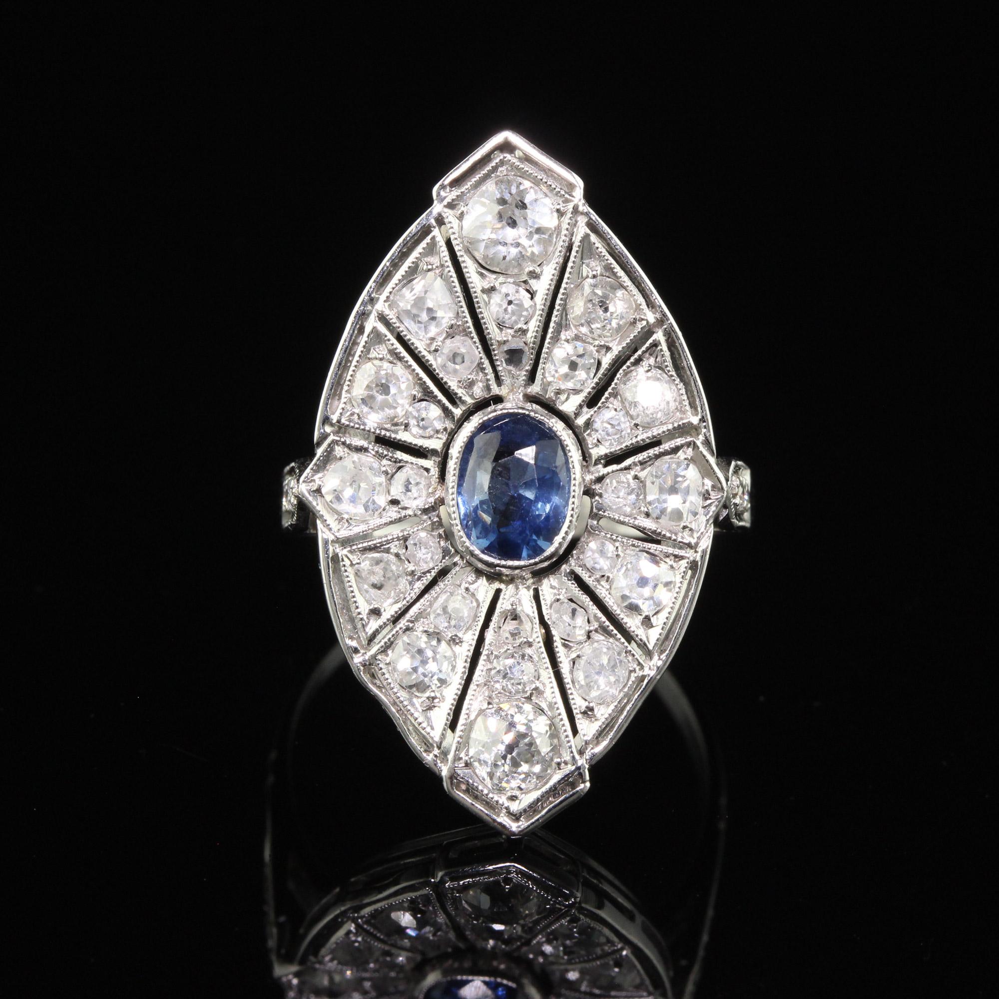 Oval Cut Vintage Art Deco Style Platinum Old Mine Diamond and Sapphire Cocktail Ring For Sale