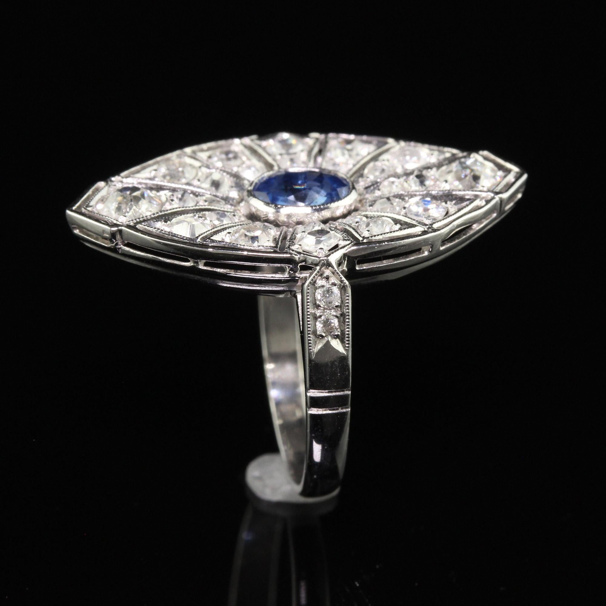 Women's Vintage Art Deco Style Platinum Old Mine Diamond and Sapphire Cocktail Ring For Sale