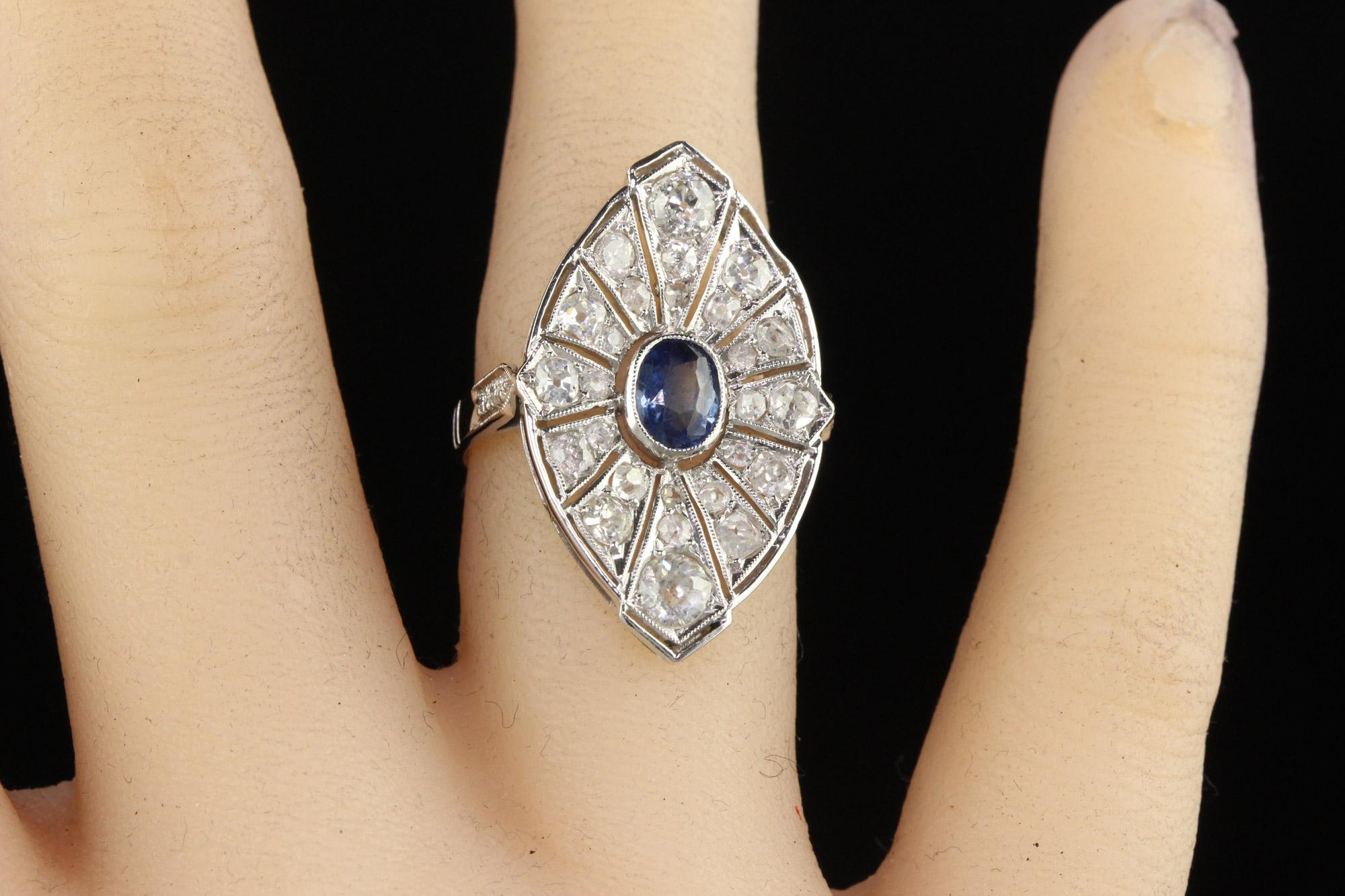 Vintage Art Deco Style Platinum Old Mine Diamond and Sapphire Cocktail Ring For Sale 1
