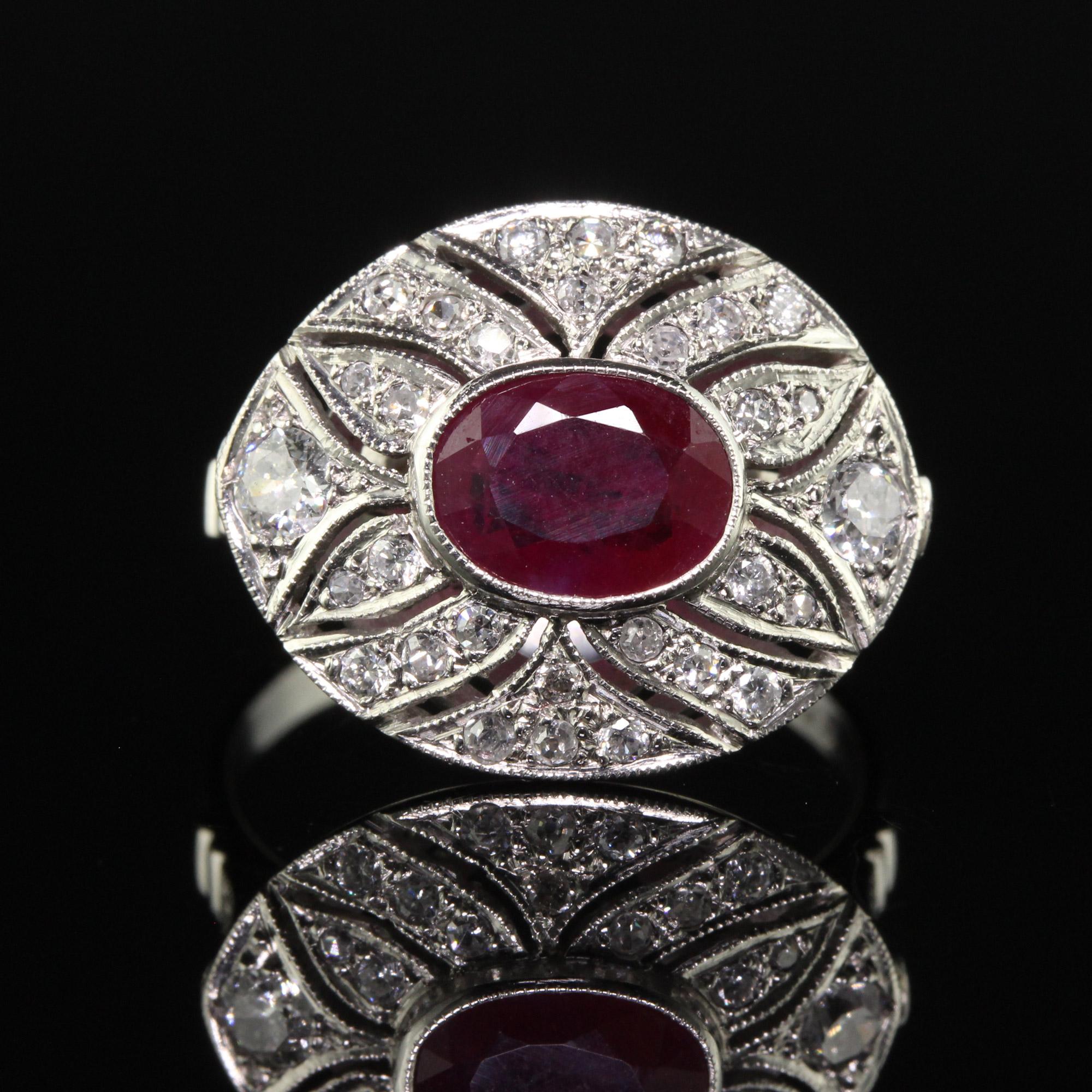Oval Cut Vintage Art Deco Style Platinum Ruby and Diamond Cocktail Ring For Sale