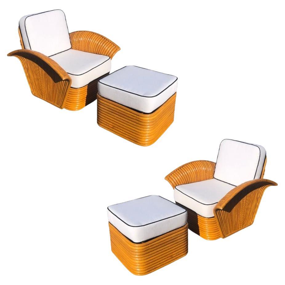 Vintage Art-Deco Style Rattan Fan Arm Lounge Chair/Ottoman Set, 3 sets Avail