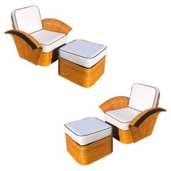 Vintage Art-Deco Style Rattan Fan Arm Lounge Chair/Ottoman Set, 3 sets Avail