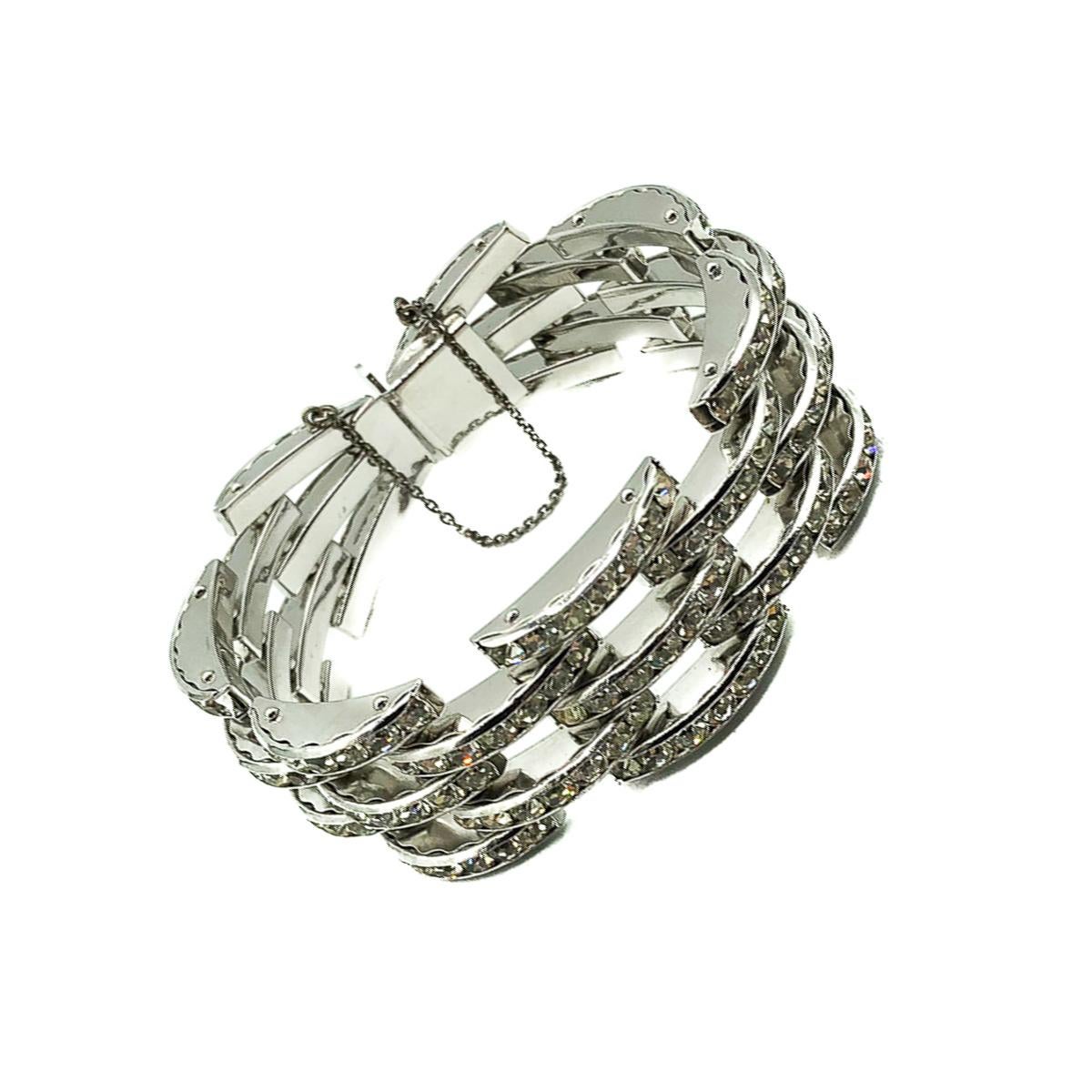 Vintage Art Deco Style Rhodium & Crystal Tank Track Bracelet 1950s In Good Condition In Wilmslow, GB