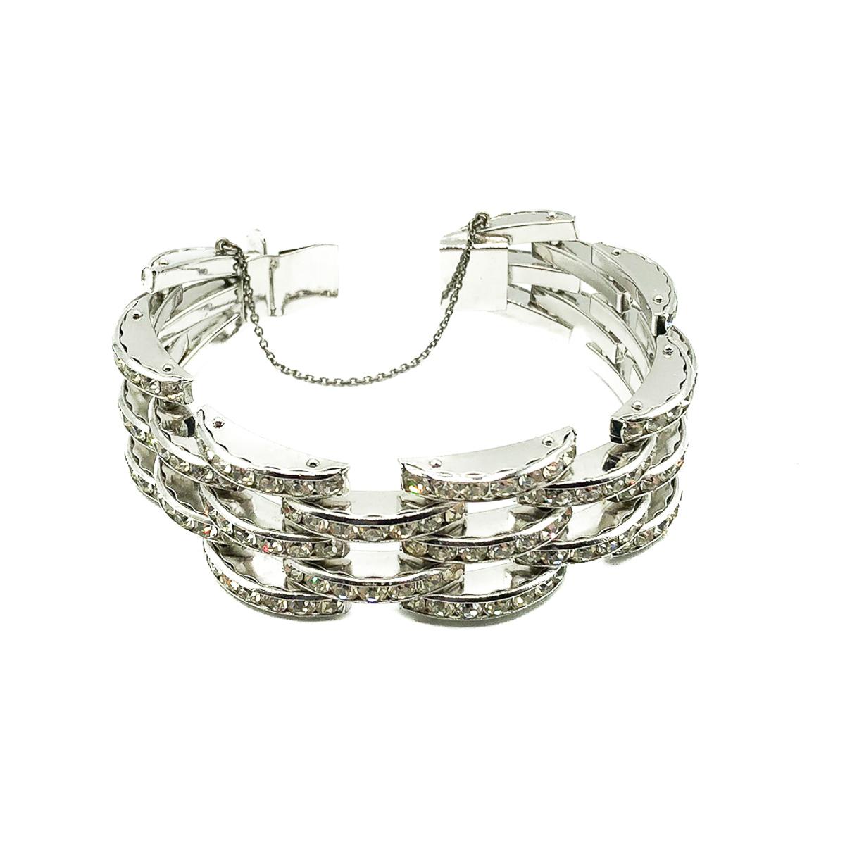 Women's or Men's Vintage Art Deco Style Rhodium & Crystal Tank Track Bracelet 1950s