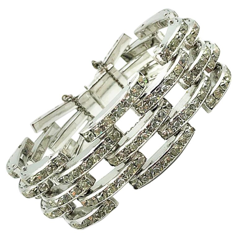 Vintage Art Deco Style Rhodium & Crystal Tank Track Bracelet 1950s