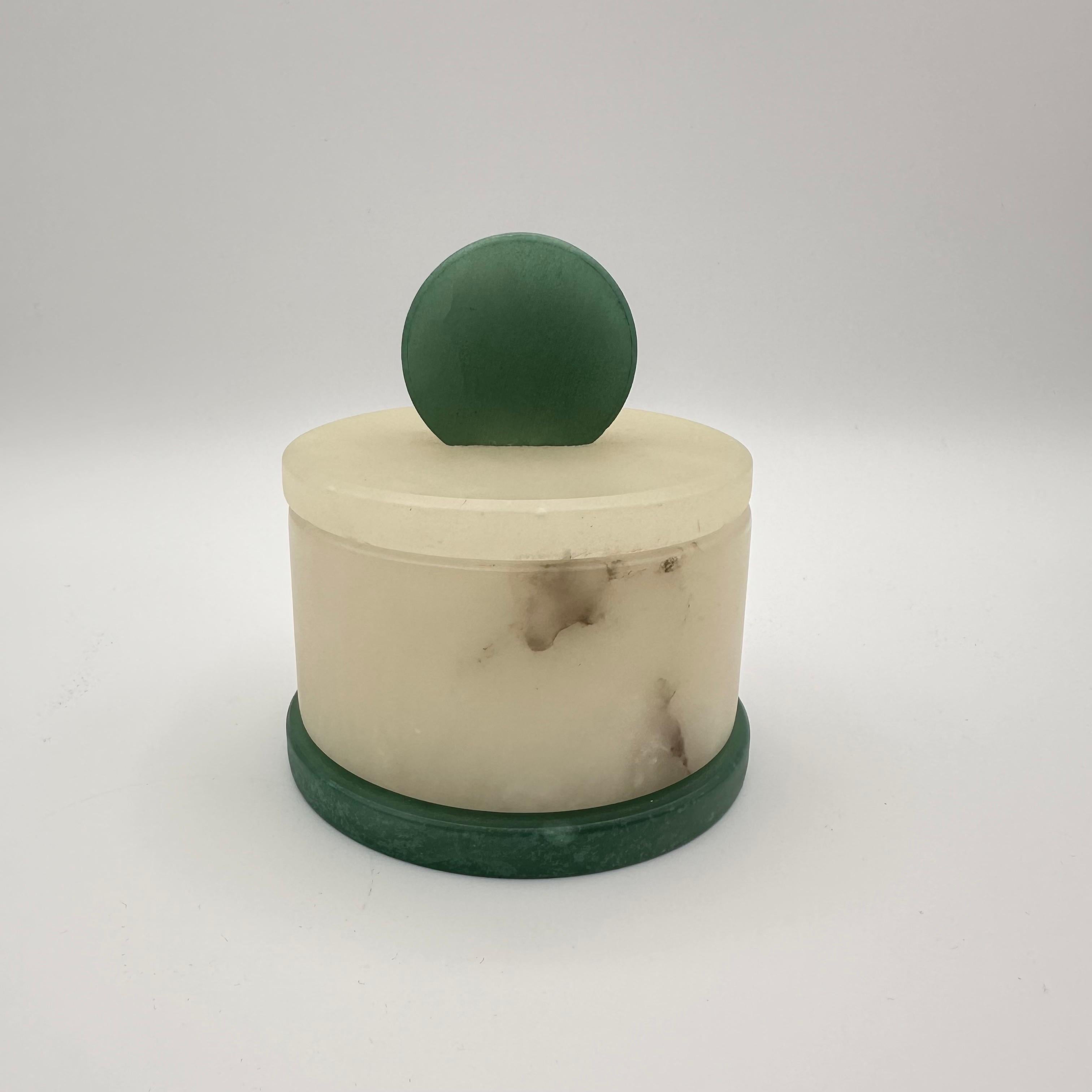 20th Century Vintage Art Deco Style Round Lidded Stone Box with White and Green  For Sale