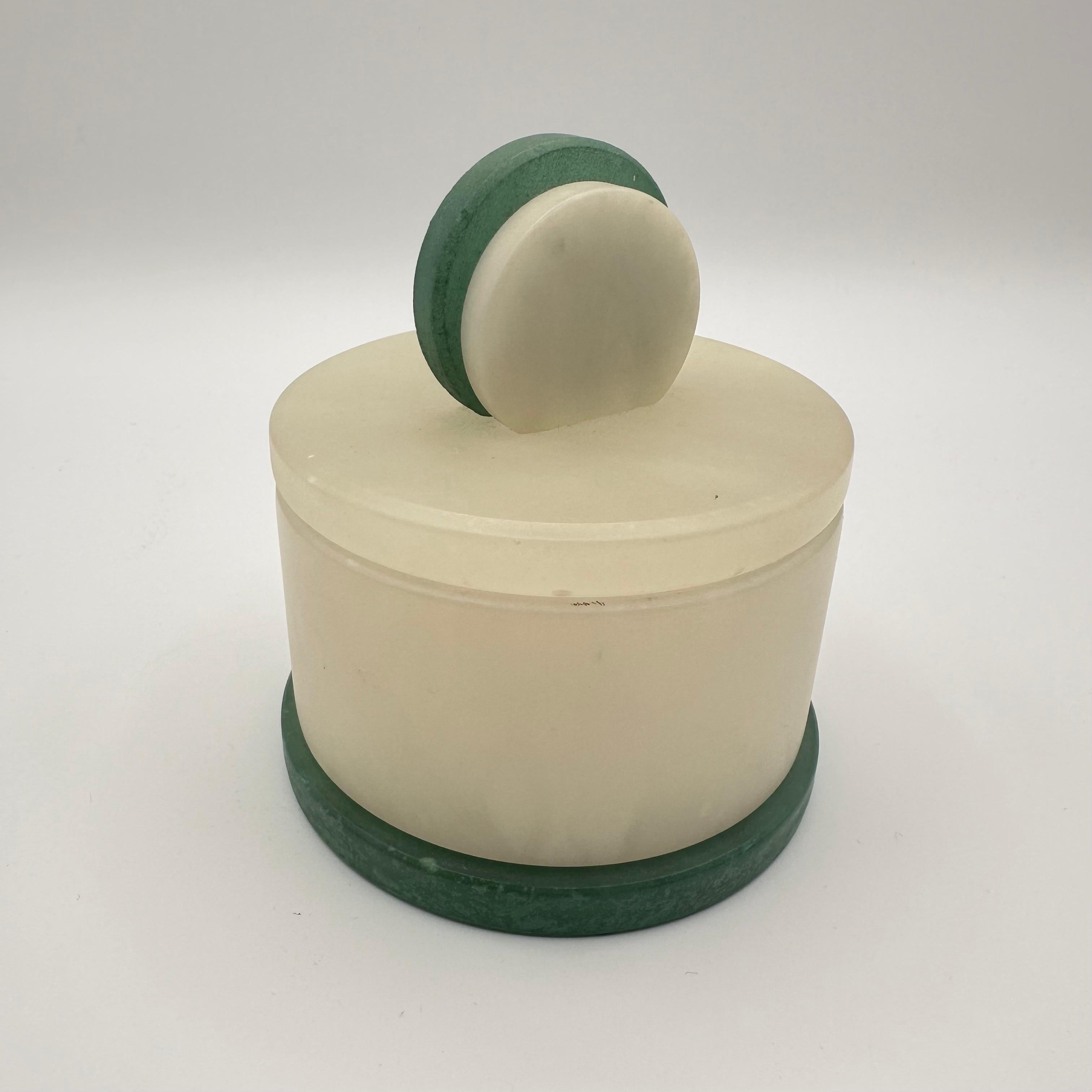 Vintage Art Deco Style Round Lidded Stone Box with White and Green  For Sale 4