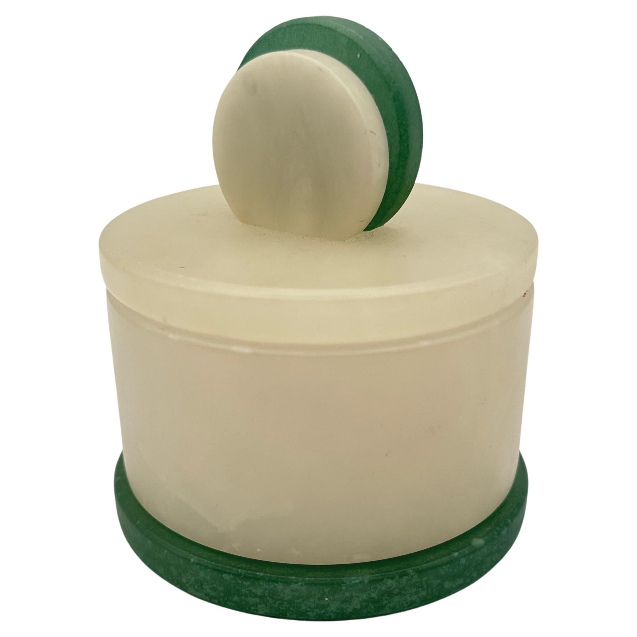 Vintage Art Deco Style Round Lidded Stone Box with White and Green 