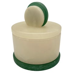 Vintage Art Deco Style Round Lidded Stone Box with White and Green 