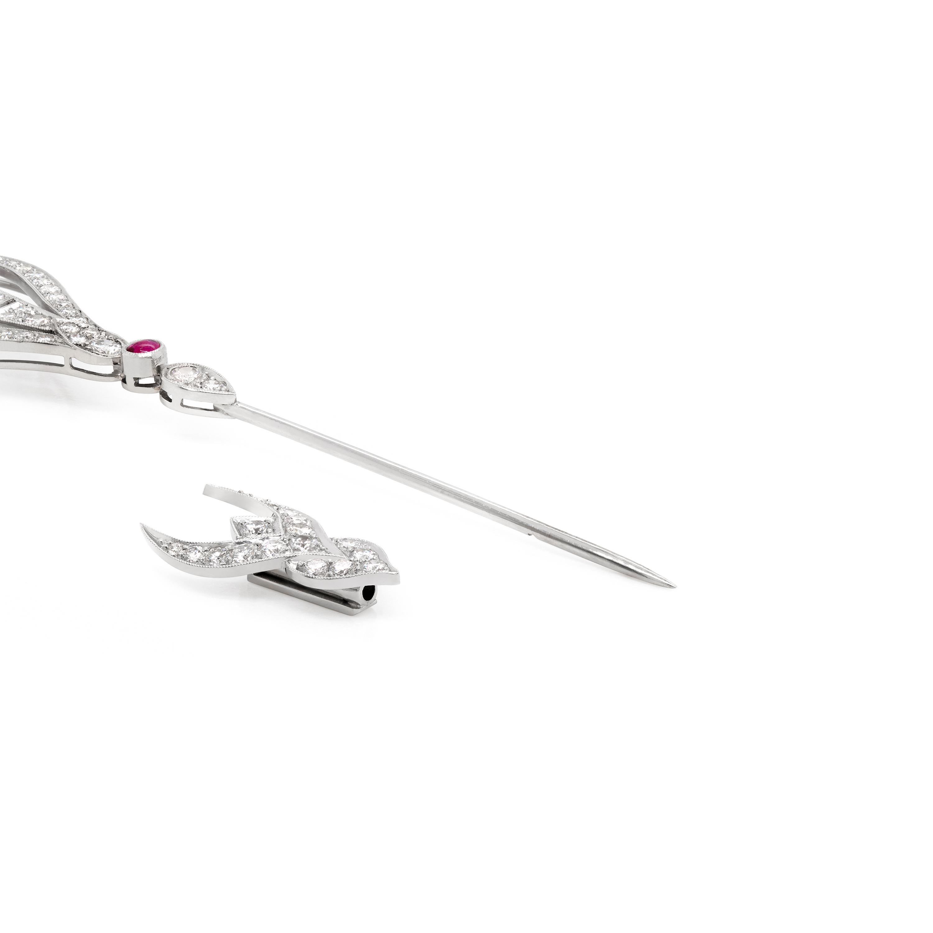 Art Deco Style Ruby and Diamond 18ct White Gold Jabot Pin, circa 1965 In Excellent Condition In London, GB
