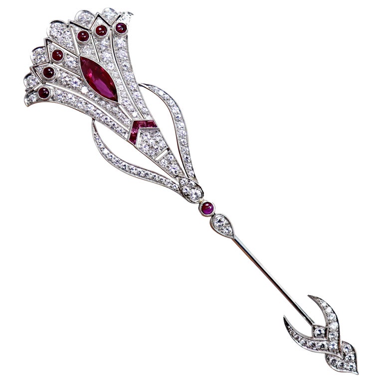 Vintage Art Deco Style Ruby and Diamond 18ct White Gold Jabot Pin, circa 1965 For Sale
