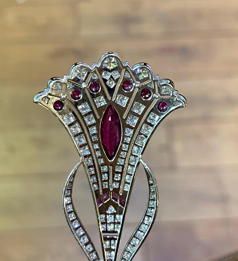 Women's Vintage Art Deco Style Ruby and Diamond 18ct White Gold Jabot Pin, circa 1965 For Sale