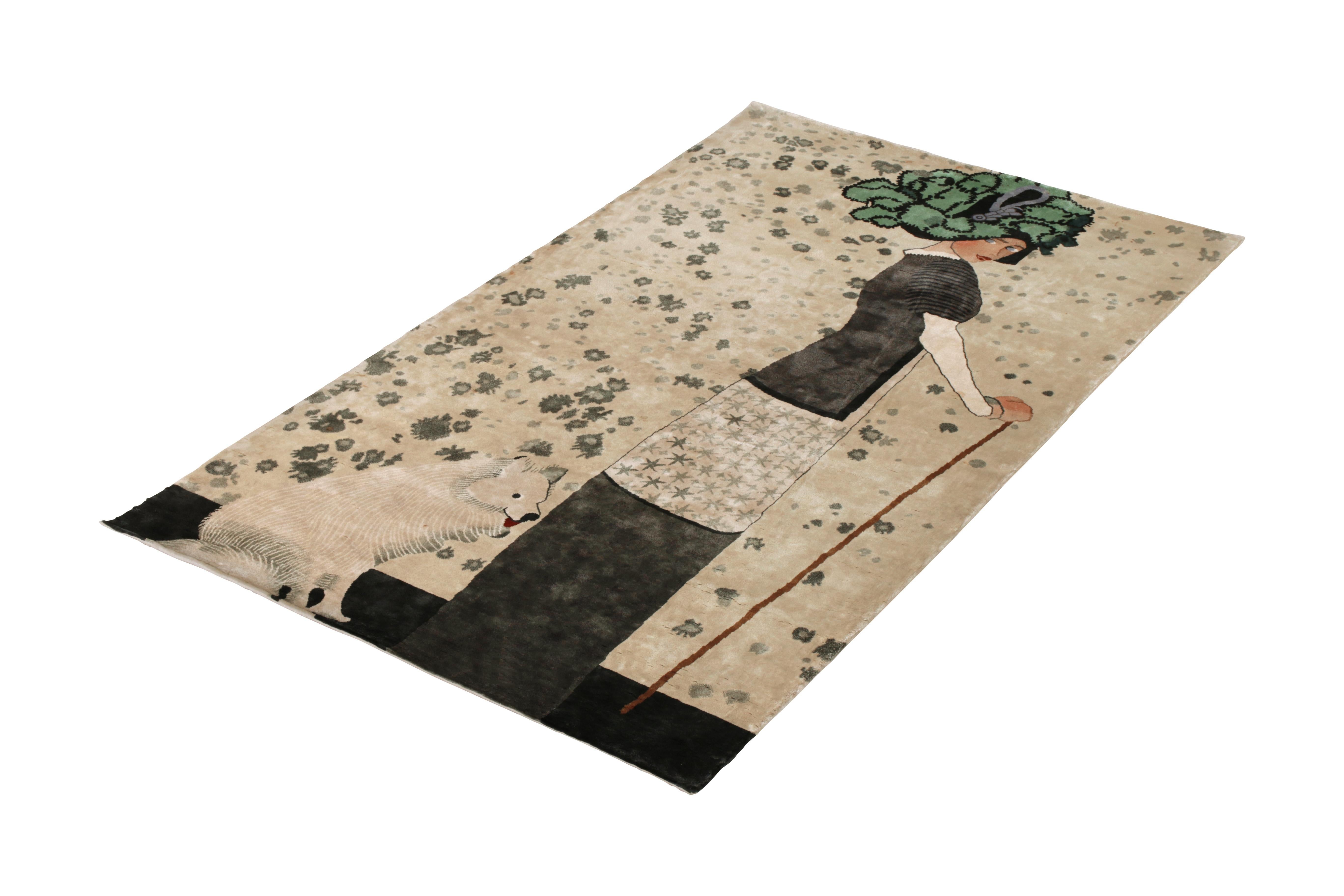 Hand-knotted in a luminous silk originating circa 1980, this 4x7 vintage rug is a collectible piece, among the first of Josh Nazmiyal’s classic productions inspired by an Art Deco rug style depicting this rare pictorial. 

On the Design: The