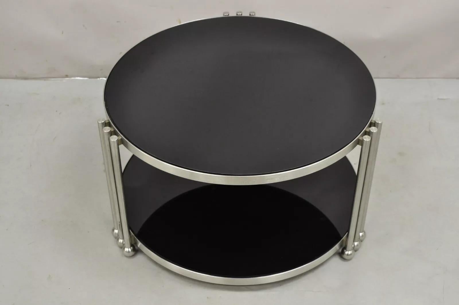 Vintage Art Deco Stil Stahl und Rauchglas 2 Etagen runder Couchtisch im Angebot 5