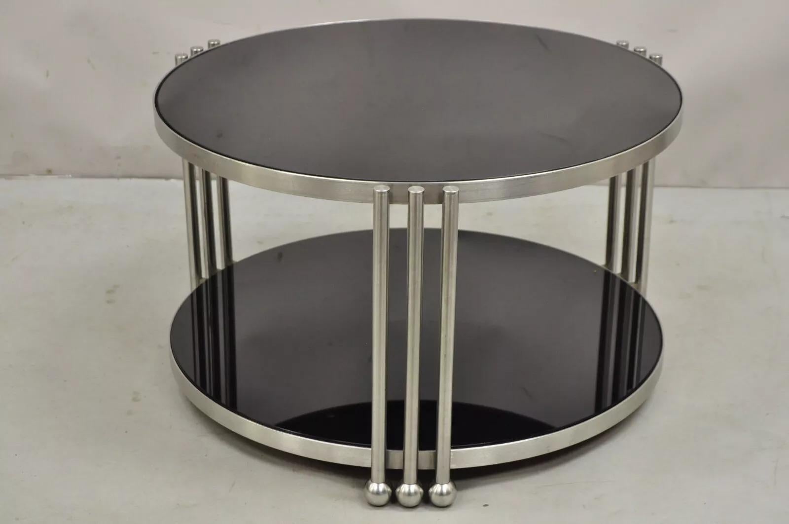 Vintage Art Deco Stil Stahl und Rauchglas 2 Etagen runder Couchtisch im Angebot 6