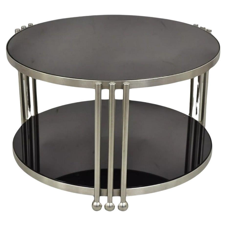 Vintage Art Deco Stil Stahl und Rauchglas 2 Etagen runder Couchtisch im Angebot